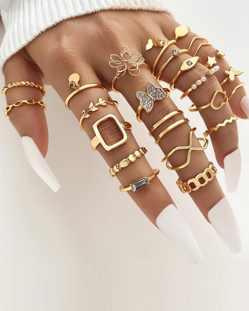 

23pcs Floral Butterfly Heart Star Geometric Hollow Rings Set, Gold