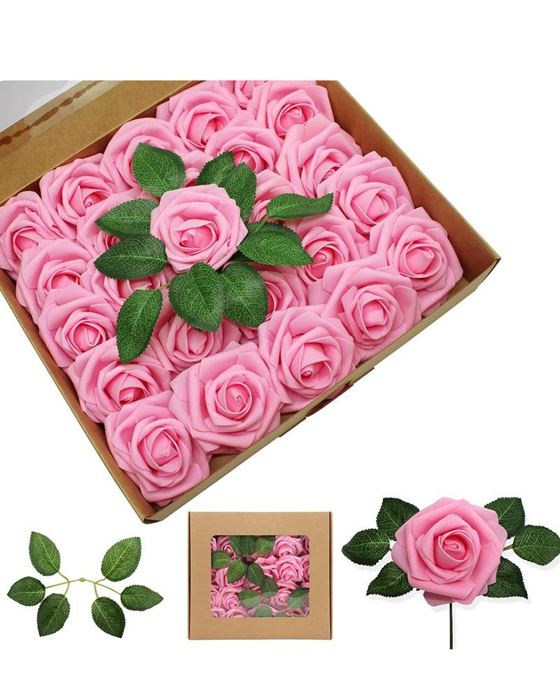 

25pcs Artificial Flowers Wedding Bouquets Bridal Shower Centerpieces Floral Arrangements Party Tables Home Decorations With Box, Pink