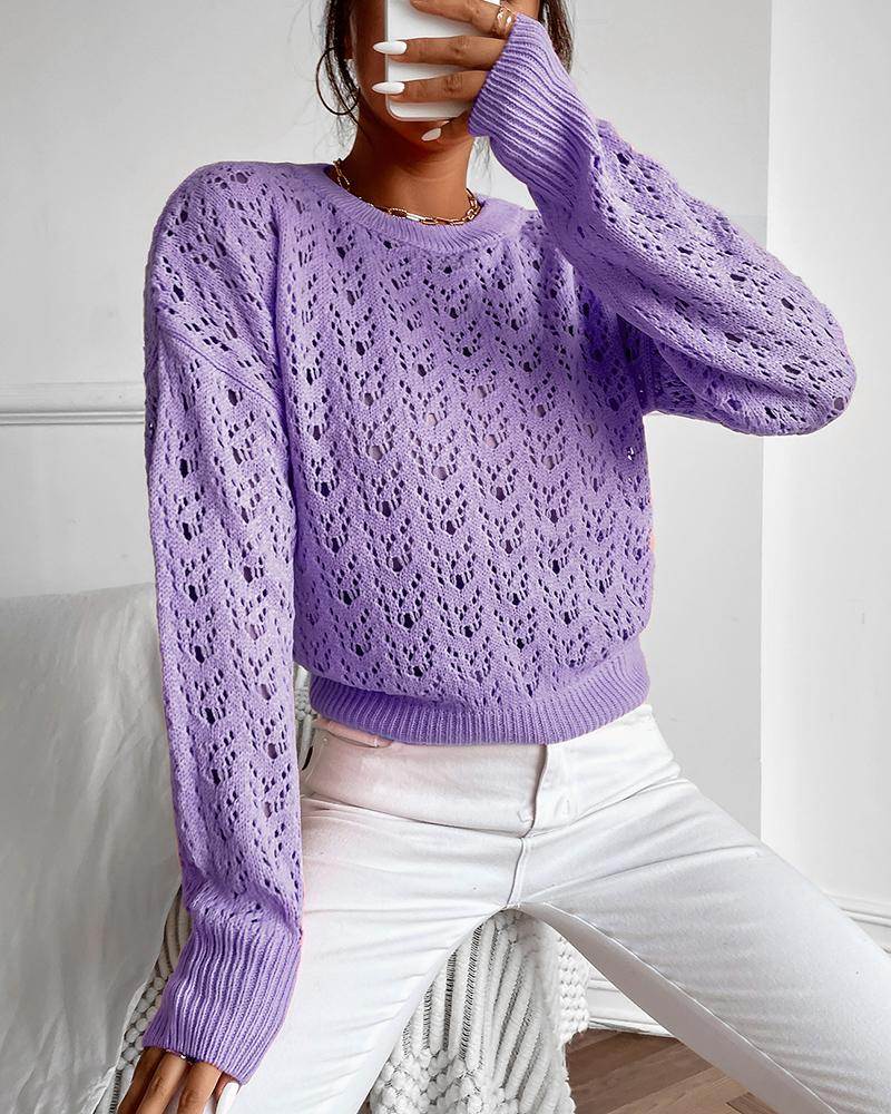 

Knit Hollowout Long Sleeve Sweater, Purple
