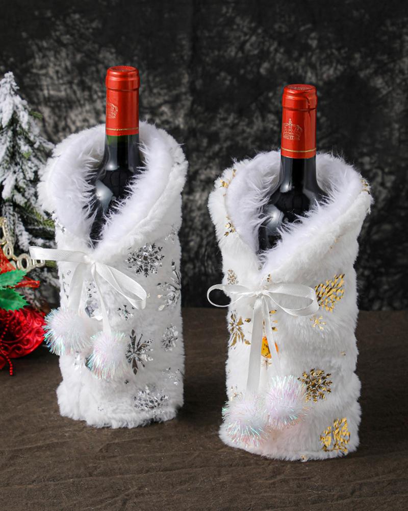 Decoración de botella de vino con borla de copo de nieve borroso de Navidad