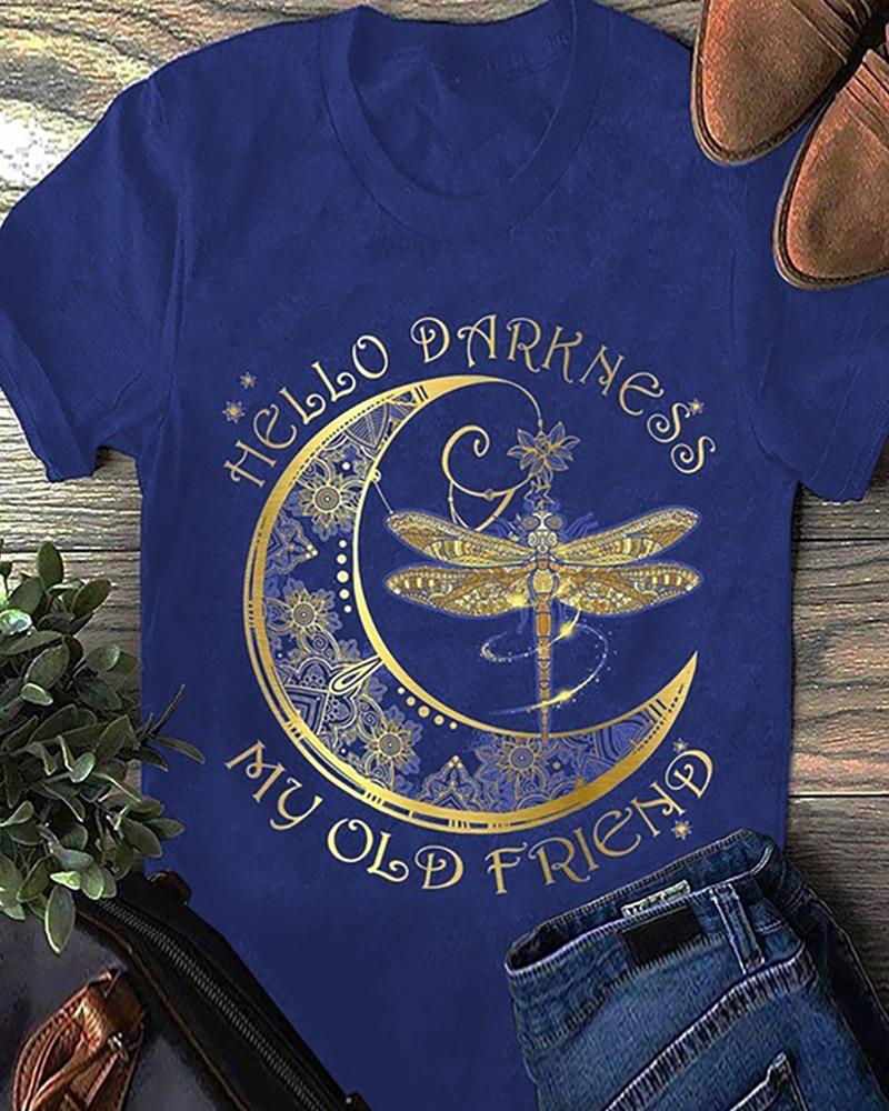 

Dragonfly/Moon/Letter Print Short Sleeve Casual T-shirt, Blue