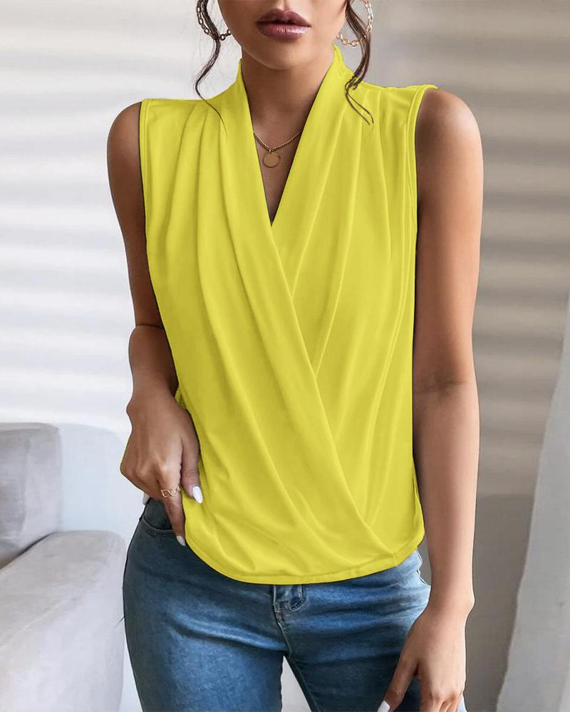 

Ruched V-Neck Sleeveless Wrap Top, Yellow