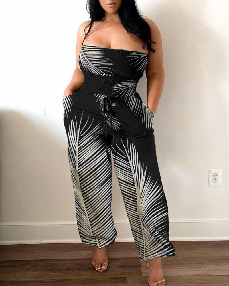 Bandeau Palm Leaf Print Pocket Design Jumpsuit