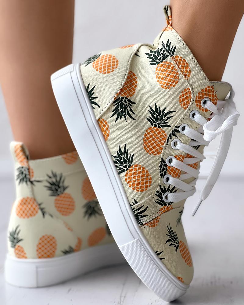 

Fruit Print Lace-up Canvas Ankle Boots, Beige&yellow