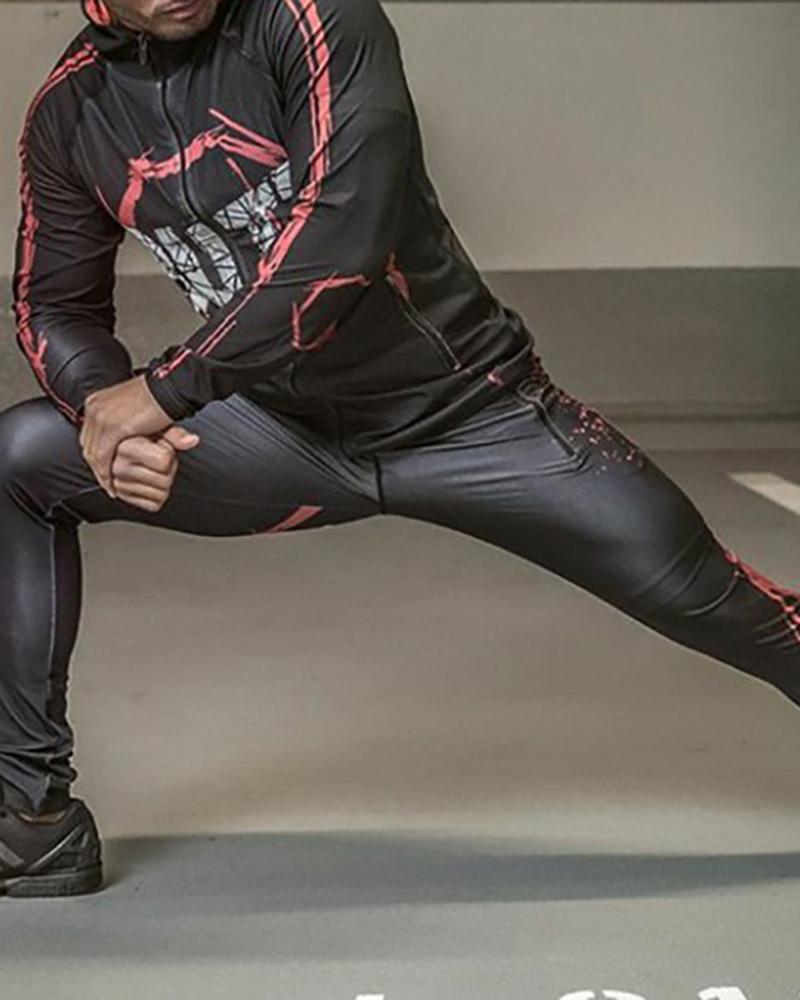 

Men Sporty Letter Print Zipper Design Top & Pants Set, Black