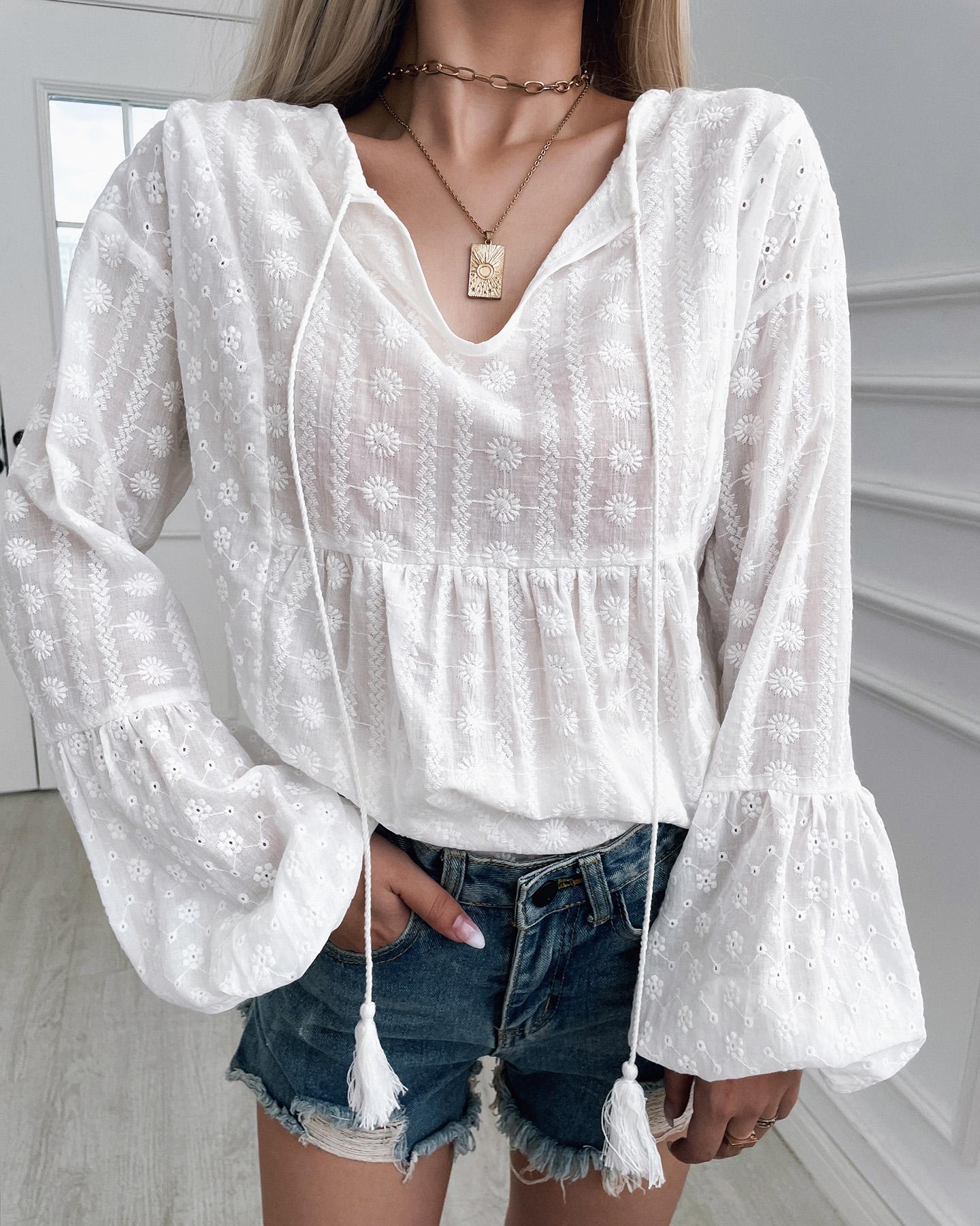 

Eyelet Embroidery Tassel Design Lantern Sleeve Top, White