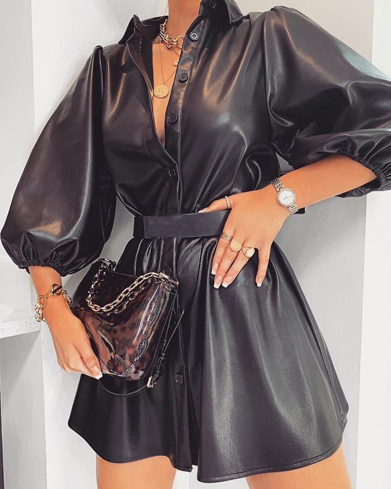 

Solid Button-Up Leather Dress, Black