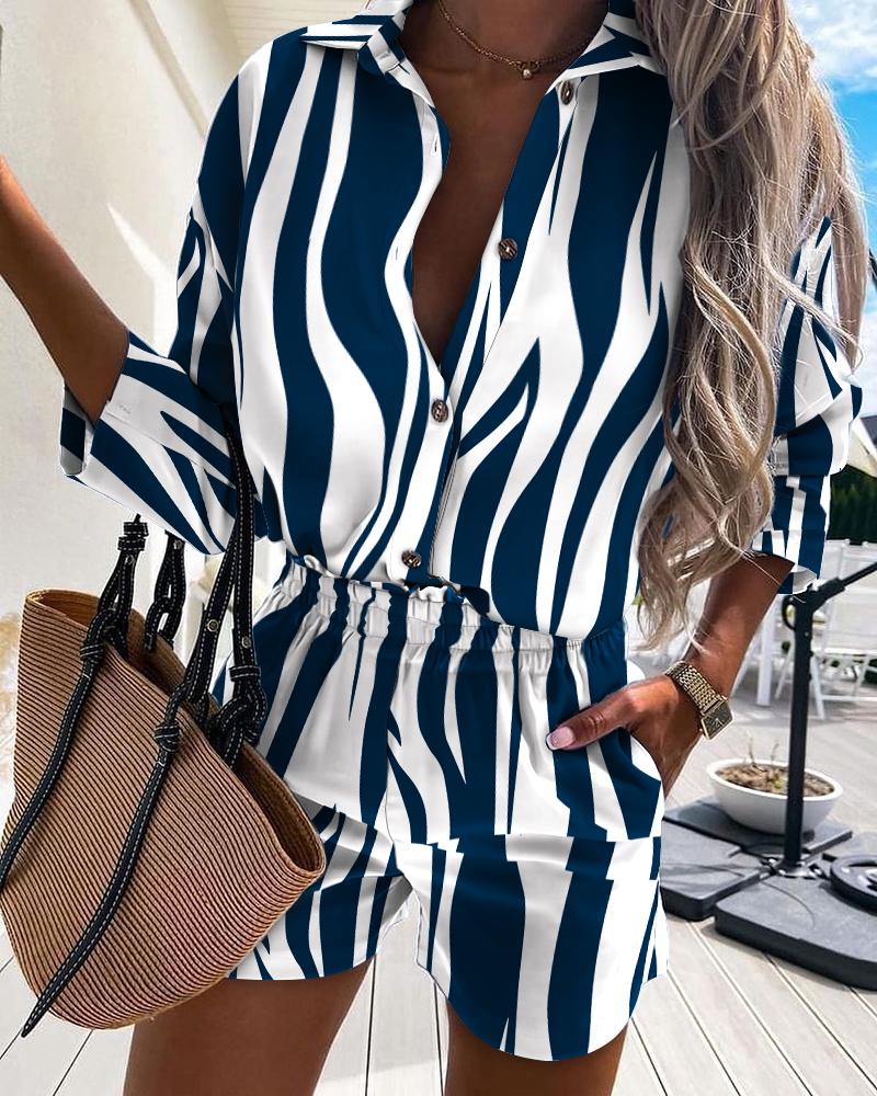 

Zebra Stripe Button Design Casual Shirt & Shorts Set, Blue