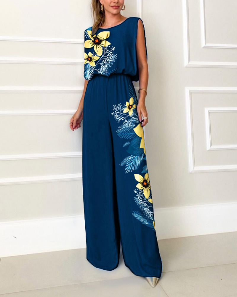 

Tropical Print Sleeveless Wide Leg Jumpsuit, Dark blue