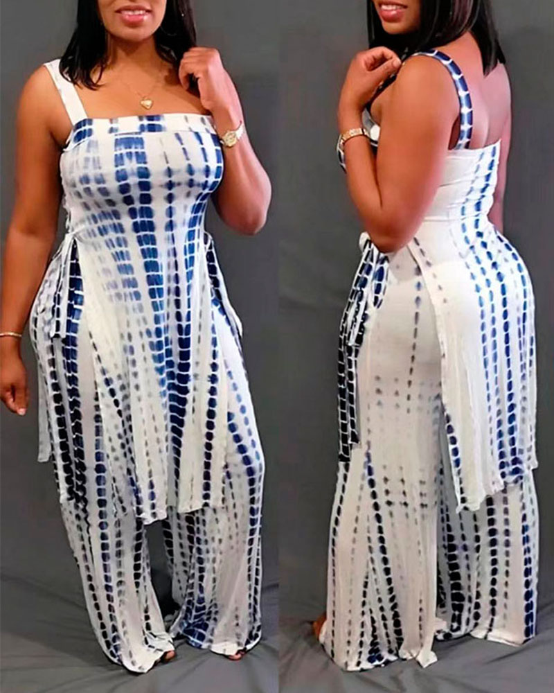 

Tie Dye Print Slit Asymmetrical Top & Wide Leg Pants Set, White