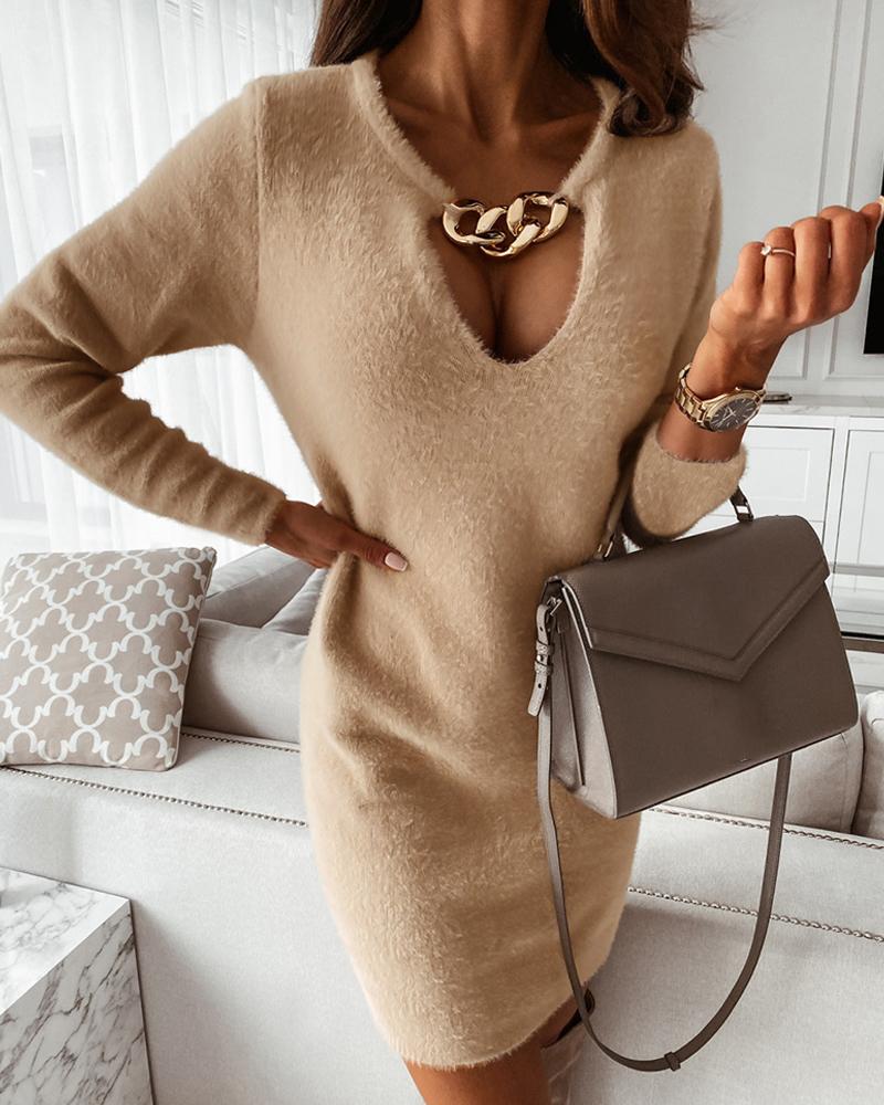 

Fluffy Chain Decor Long Sleeve Sweater Dress, Khaki