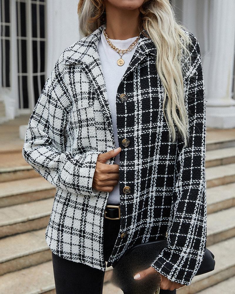 

Plaid Print Colorblock Button Design Coat, Black