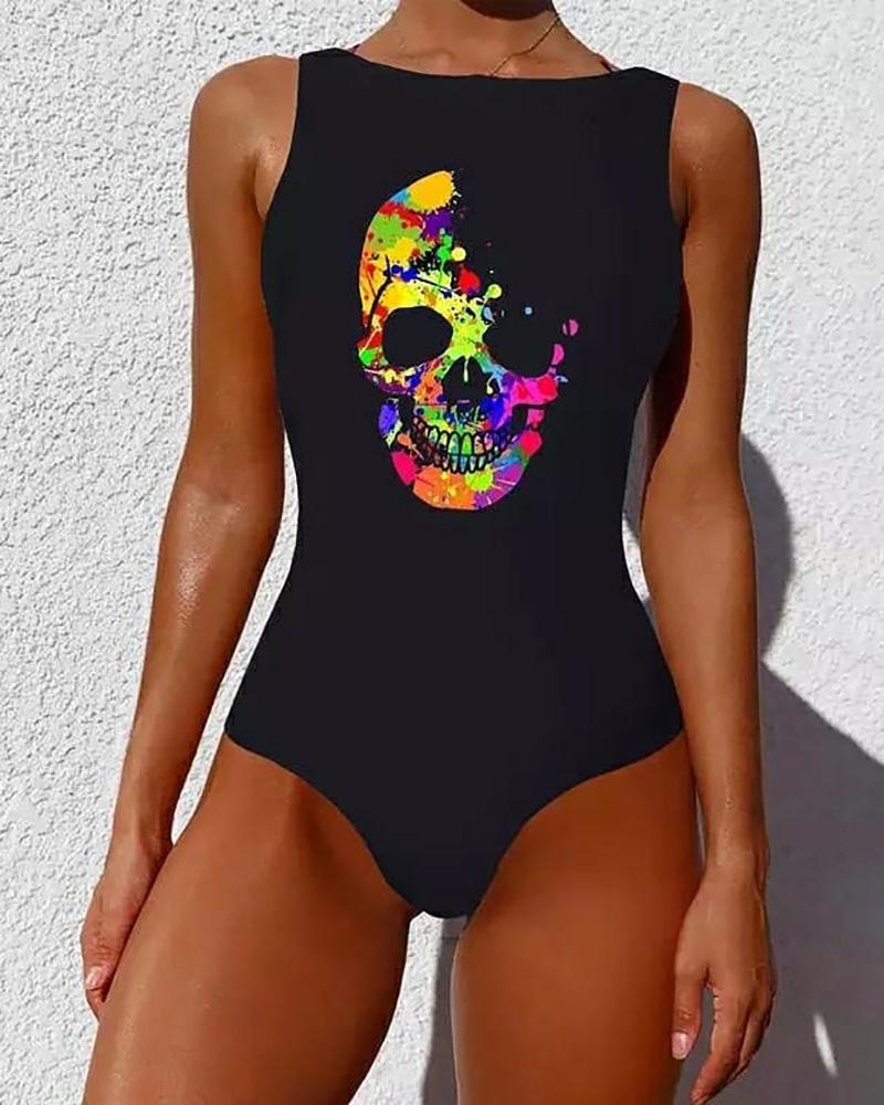 

Skull Print Sleeveless One Piece Swimsuit, Black