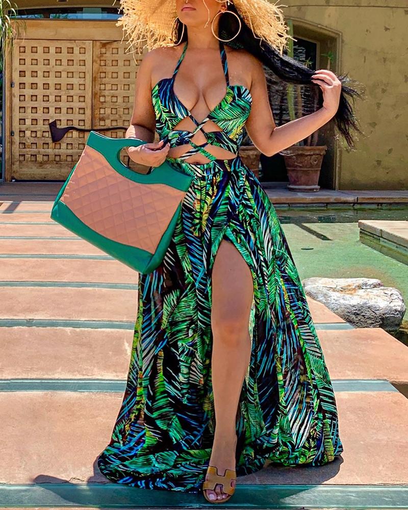 

Halter Lace-up Tropical Print Slit Maxi Dress, Green