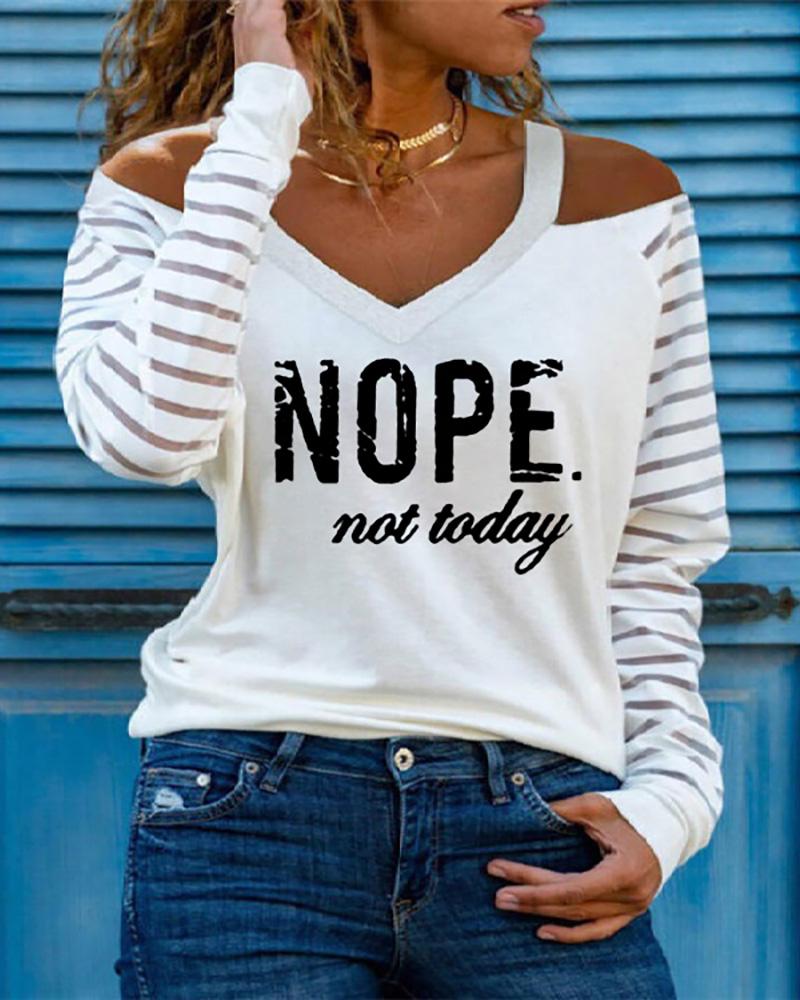 

Letter Print Cold Shoulder Mesh Long Sleeve Top, White