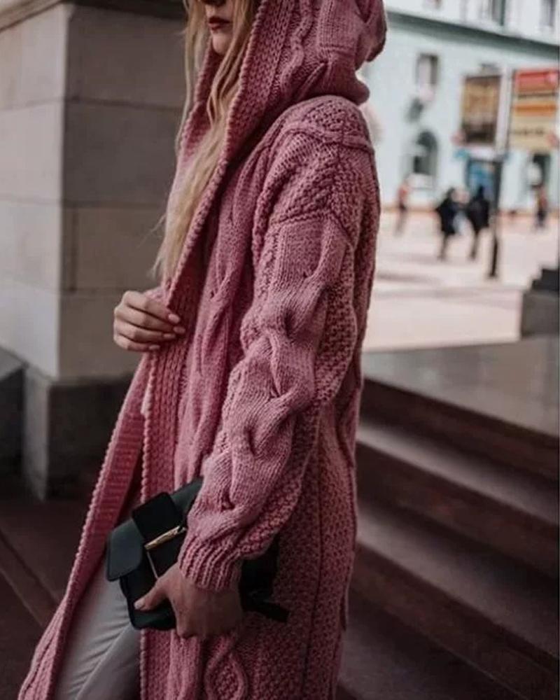 

Hooded Open Front Cable Knit Longline Cardigan, Pink