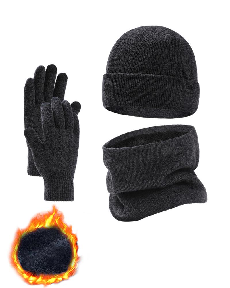 

3PCS Winter Knitted Warm Fleece Lined Beanie Scarf Gloves Set, Black