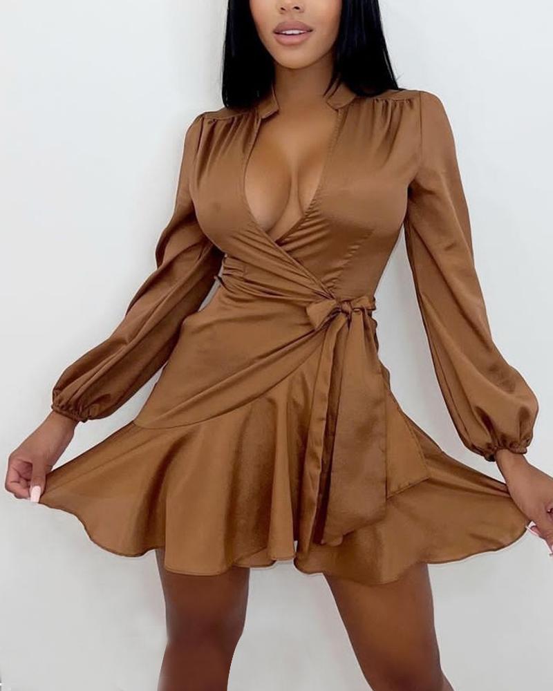 

Long Sleeve Wrap Tie Side Shirt Dress, Brown