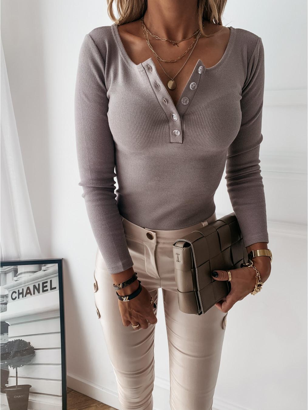 

Long Sleeve Button Design Round Neck Top Plain Slim Fit Skinny Shirt, Gray