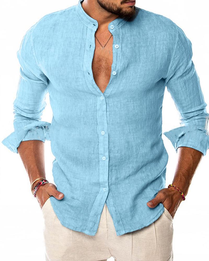 

Casual Flax Solid Color Shirt, Lighted blue