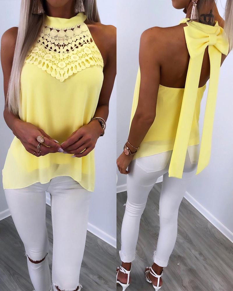 

Contrast Lace Halter Sleeveless Back Bowknot Decor Top Casual Backless Flowy Tank, Yellow
