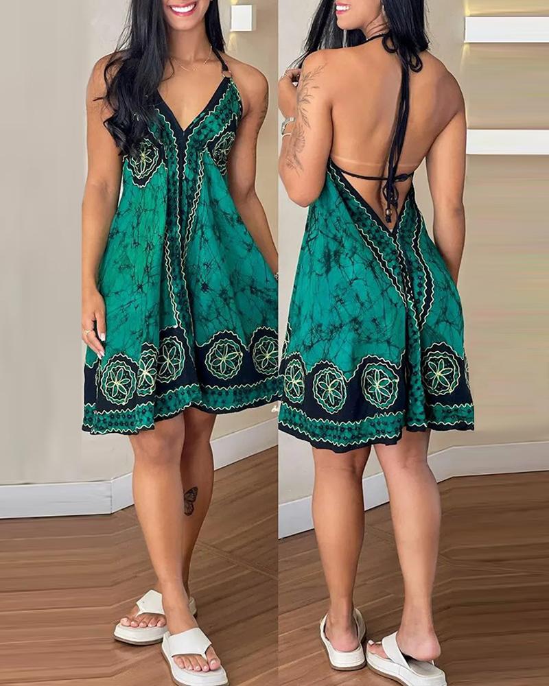 

Floral Tie Dye Print Halter Backless Dress, Green
