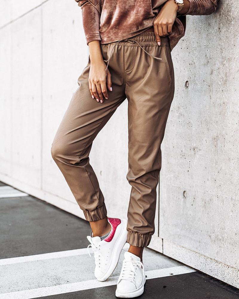 

Drawstring Pocket Design PU Leather Pants, Khaki