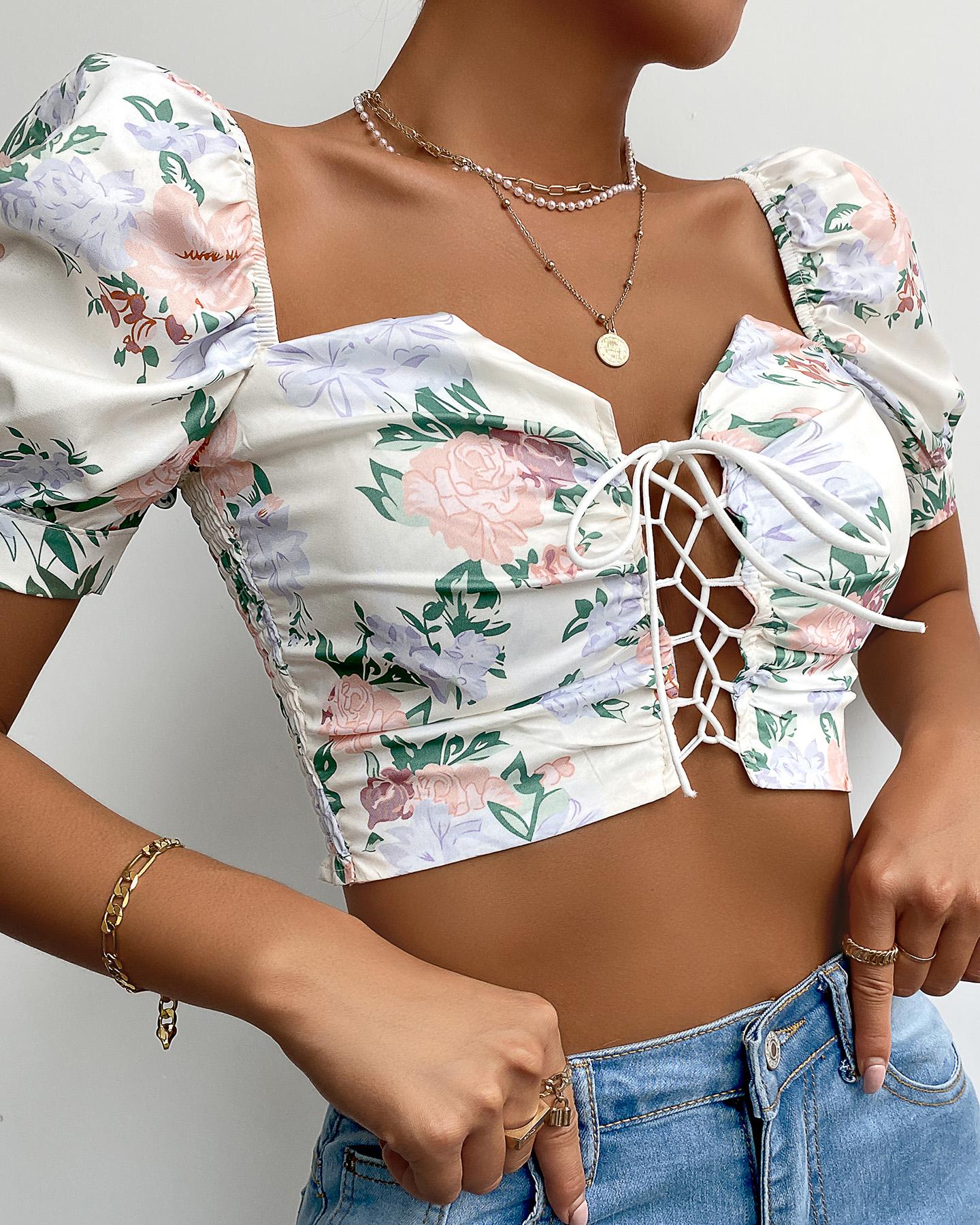 

Floral Print Lace-up Puff Sleeve Shirred Crop Top, Multicolor