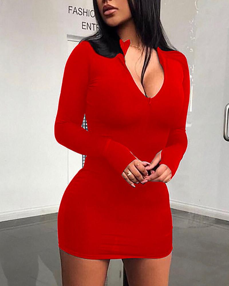 

Solid Zipped V-Neck Bodycon Dress, Red