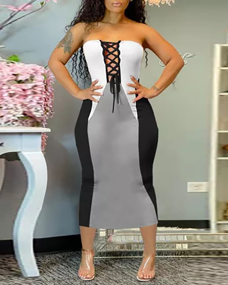 

Lace-up Colorblock Bandeau Midi Dress, Black