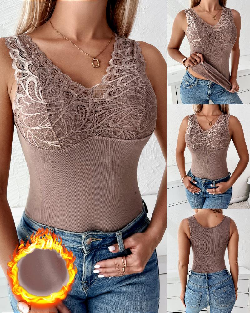 

Contrast Lace Warm Fleece Lined Padded Tank Top, Pink