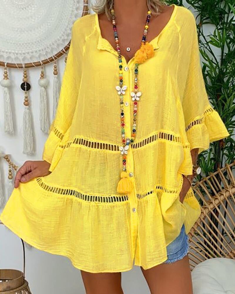 

Contrast Lace Bell Sleeve Buttoned Flowy Top, Yellow