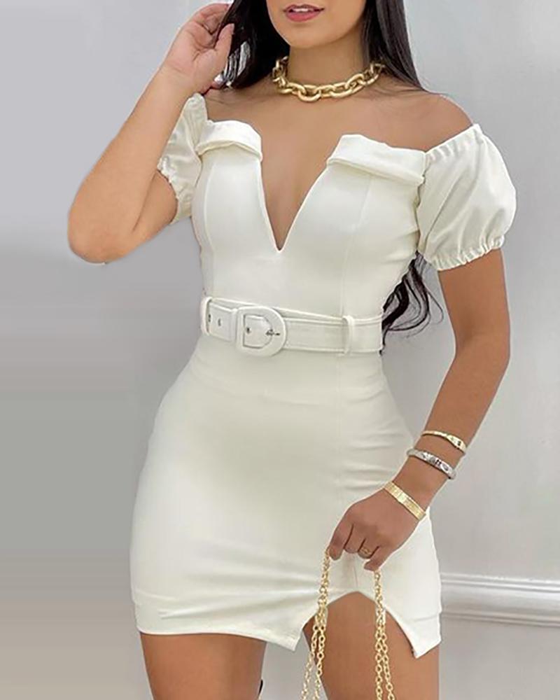 

V Neck Puff Sleeve Slit Bodycon Dress, White