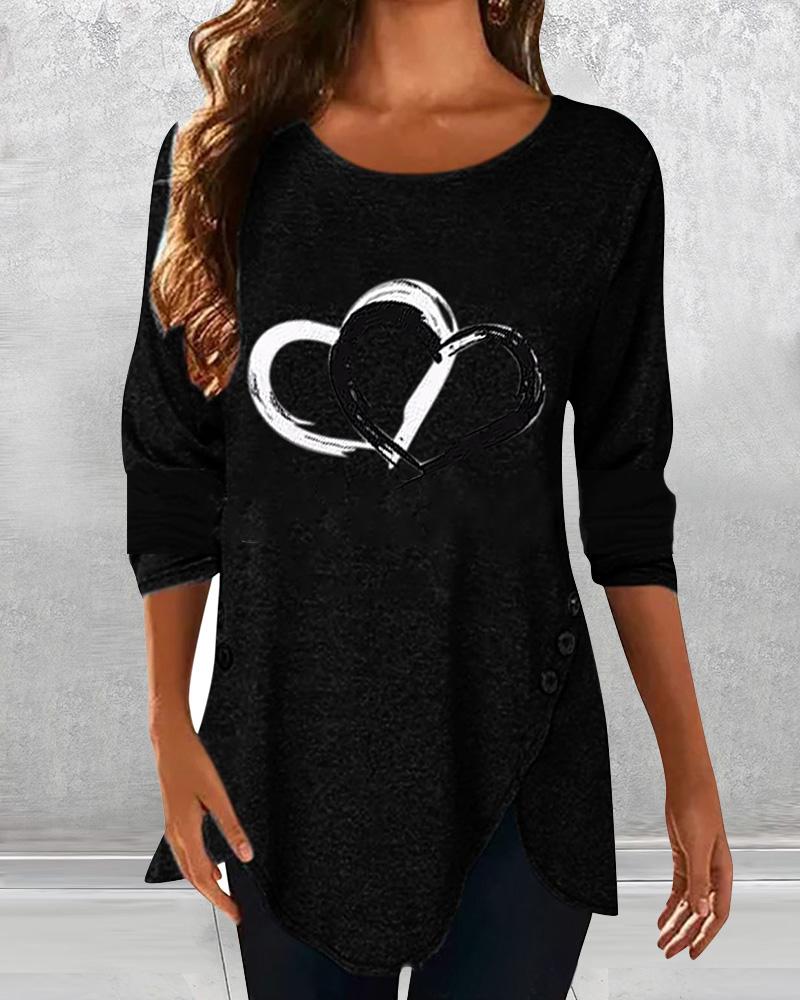

Heart Print Long Sleeve Blouse, Black