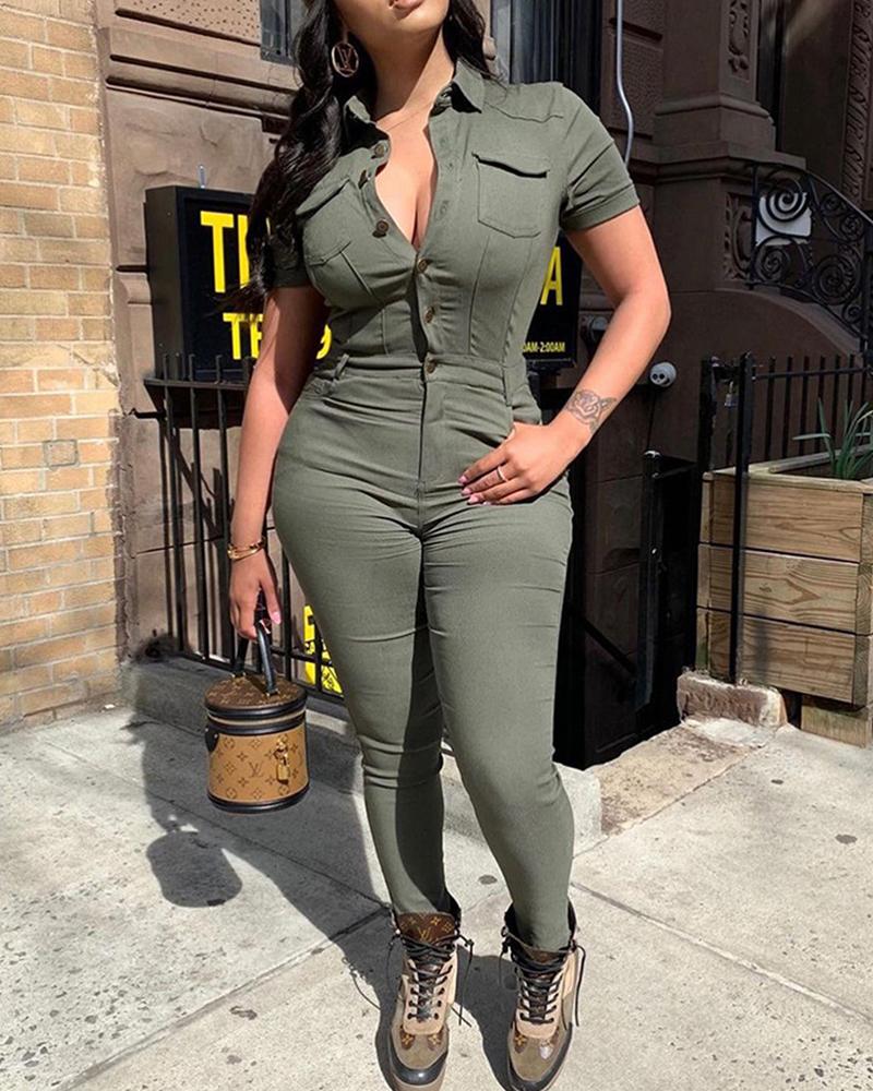 

Button Front Flap Pocket Skinny Jumpsuit, Green