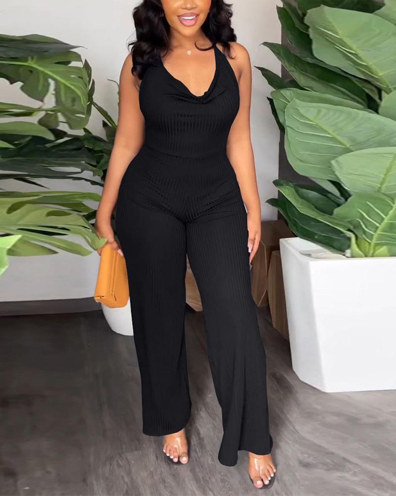 

Halter Backless Wide Leg Knit Jumpsuit, Black