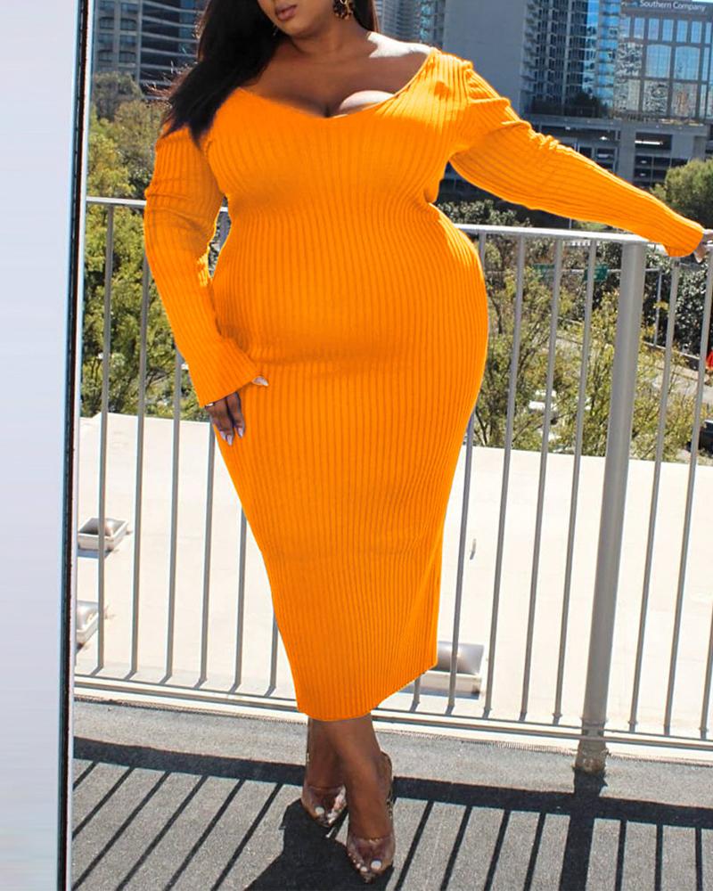 

Plus Size Long Sleeve Ribbed Bodycon Dress, Orange