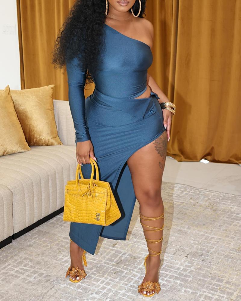 

One Shoulder Top & Asymmetrical Slit Skirt Set, Blue