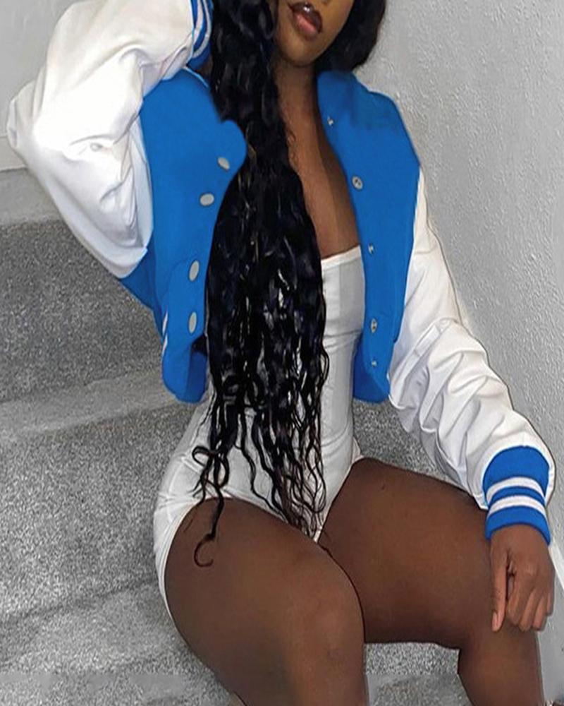 

Striped Colorblock Button Design Baseball Jacket, Blue
