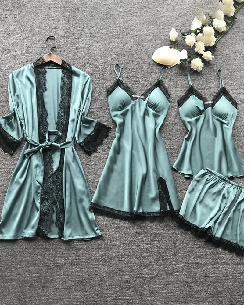 

V-neck Lace Trim Satin 4PCS Sleepwear Set, Green
