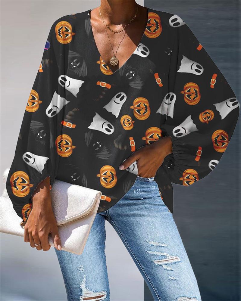 

Halloween Graphic Print Lantern Sleeve Top, Black