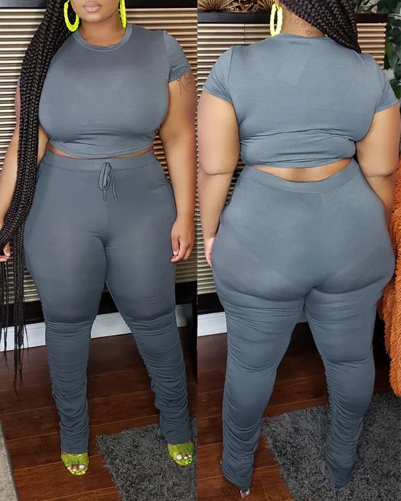 

Plus Size Plain Crop Top & Ruched Pants Set, Gray