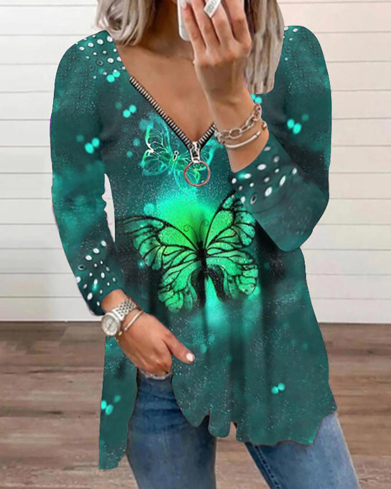

Butterfly Print Zip Front Long Sleeve Top, Green