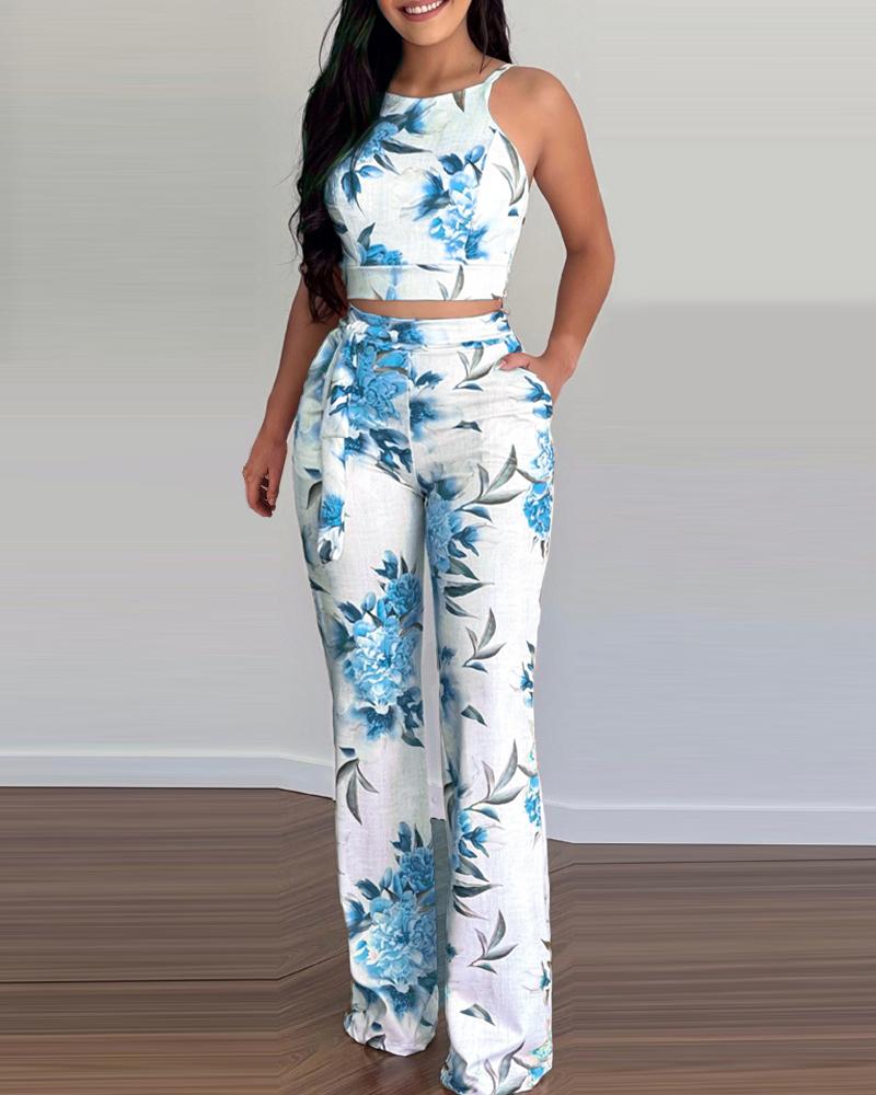 

Floral Print Sleeveless Top & Pants Set, Sky blue