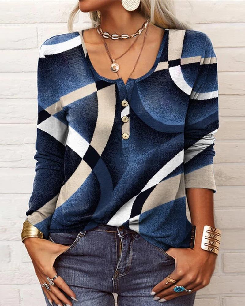 

Geometric Print Button Front Long Sleeve Top, Blue
