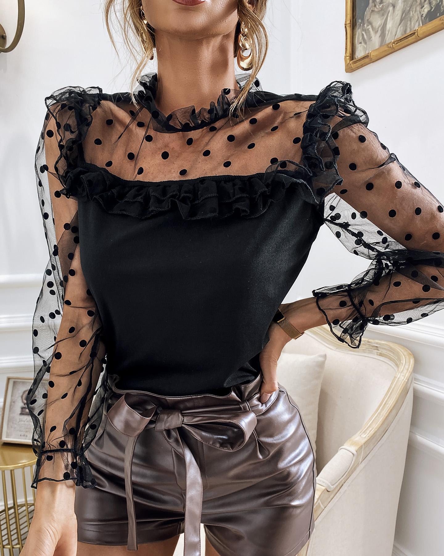 

Dot Mesh Ruffles Long Sleeve Top, Black