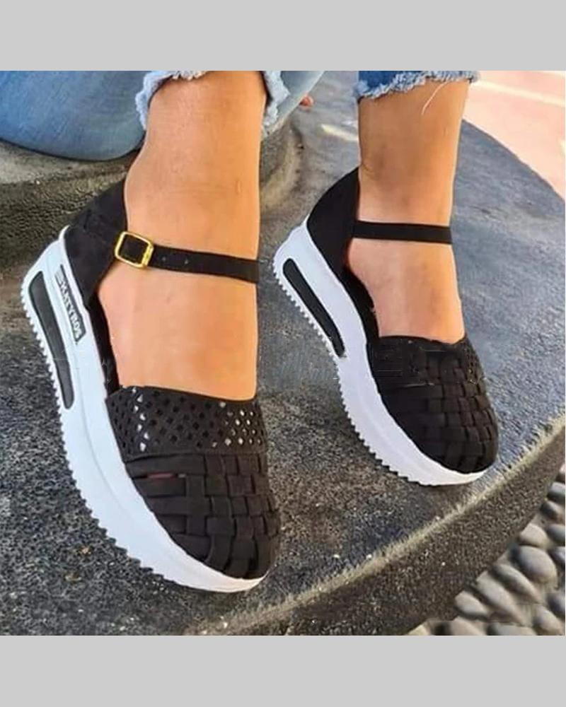 

Solid Waven Platform Cut-out Sandals, Black