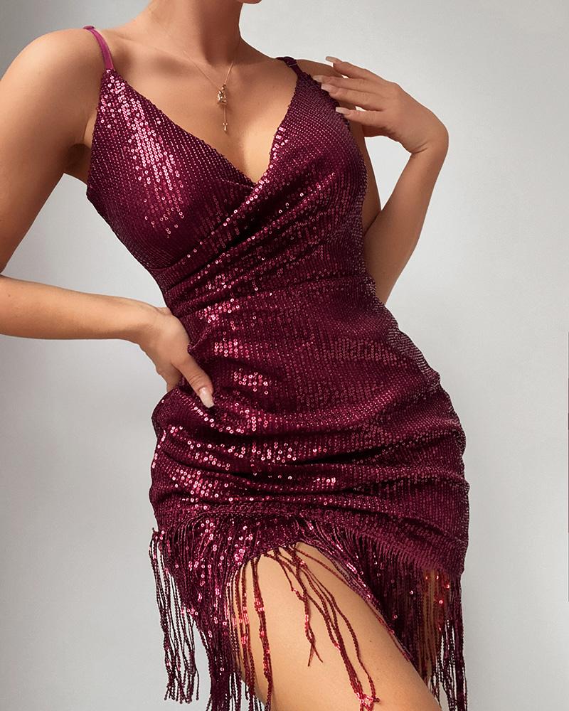 

Tassel Design Ruched Spaghetti Strap Sequin Dress, Red