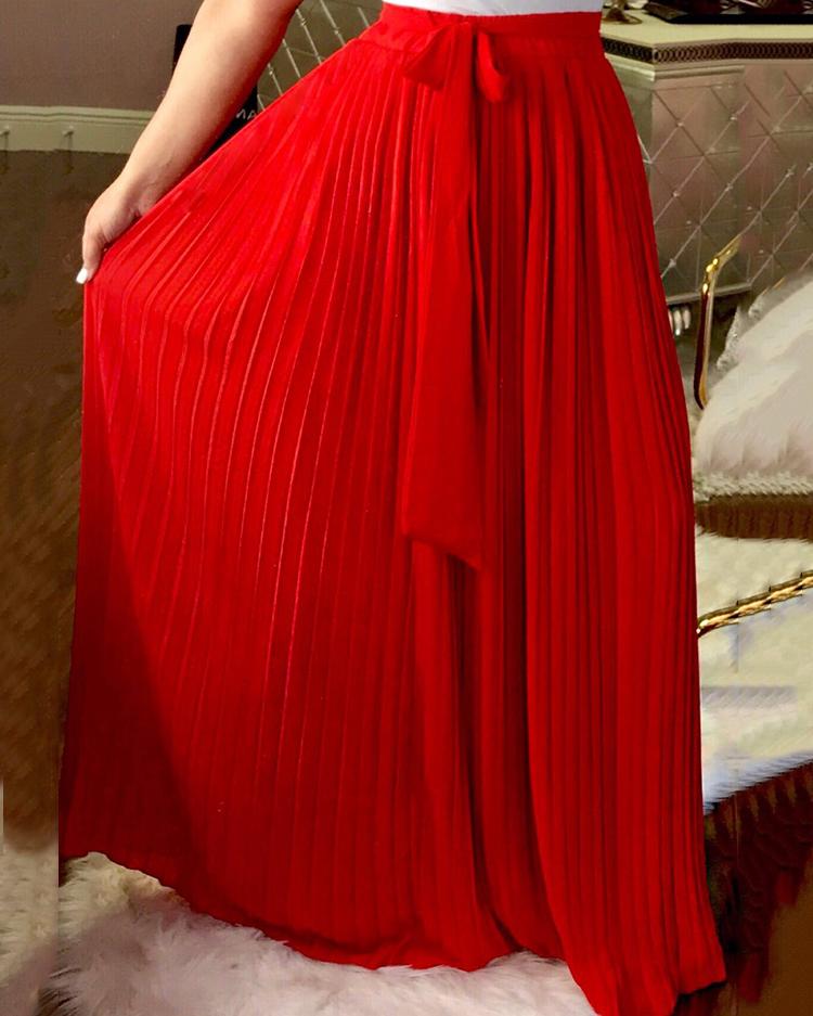 

High Waist Plain Pleated Belted Skirt, Red
