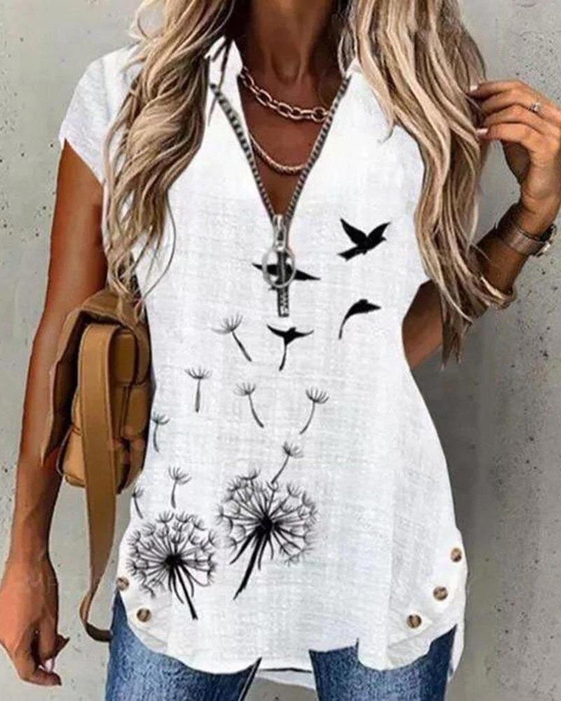 

Dandelion Bird Print Zip Front Casual Top, White